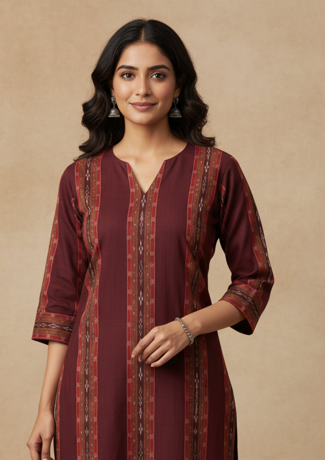 Sambalpuri Women's Kurti -  Maroon Stripe Heritage Design Ikkat Kurti