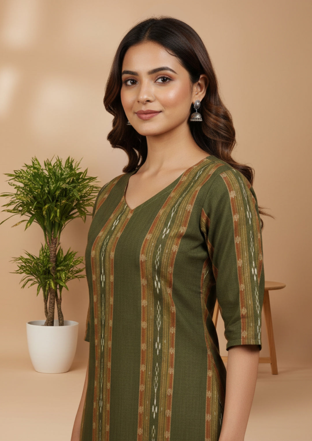 Sambalpuri Women's Kurti - Olive Green Ikkat Stripe Heritage Kurti