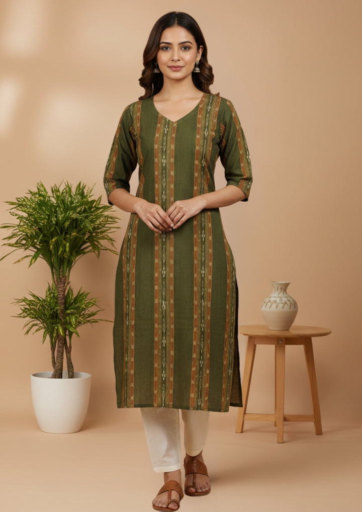 Sambalpuri Women's Kurti - Olive Green Ikkat Stripe Heritage Kurti