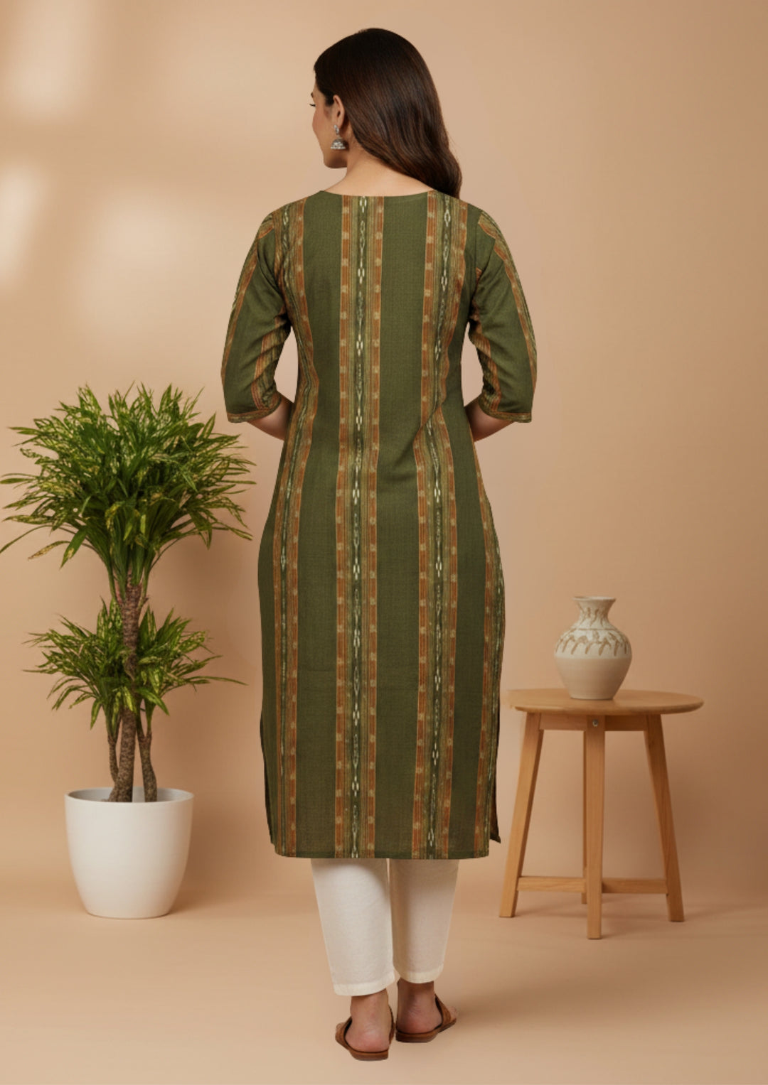 Sambalpuri Women's Kurti - Olive Green Ikkat Stripe Heritage Kurti