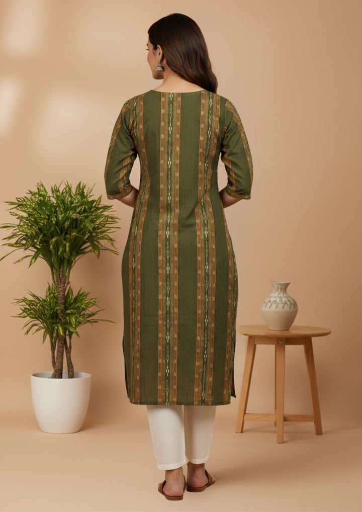 Sambalpuri Women's Kurti - Olive Green Ikkat Stripe Heritage Kurti