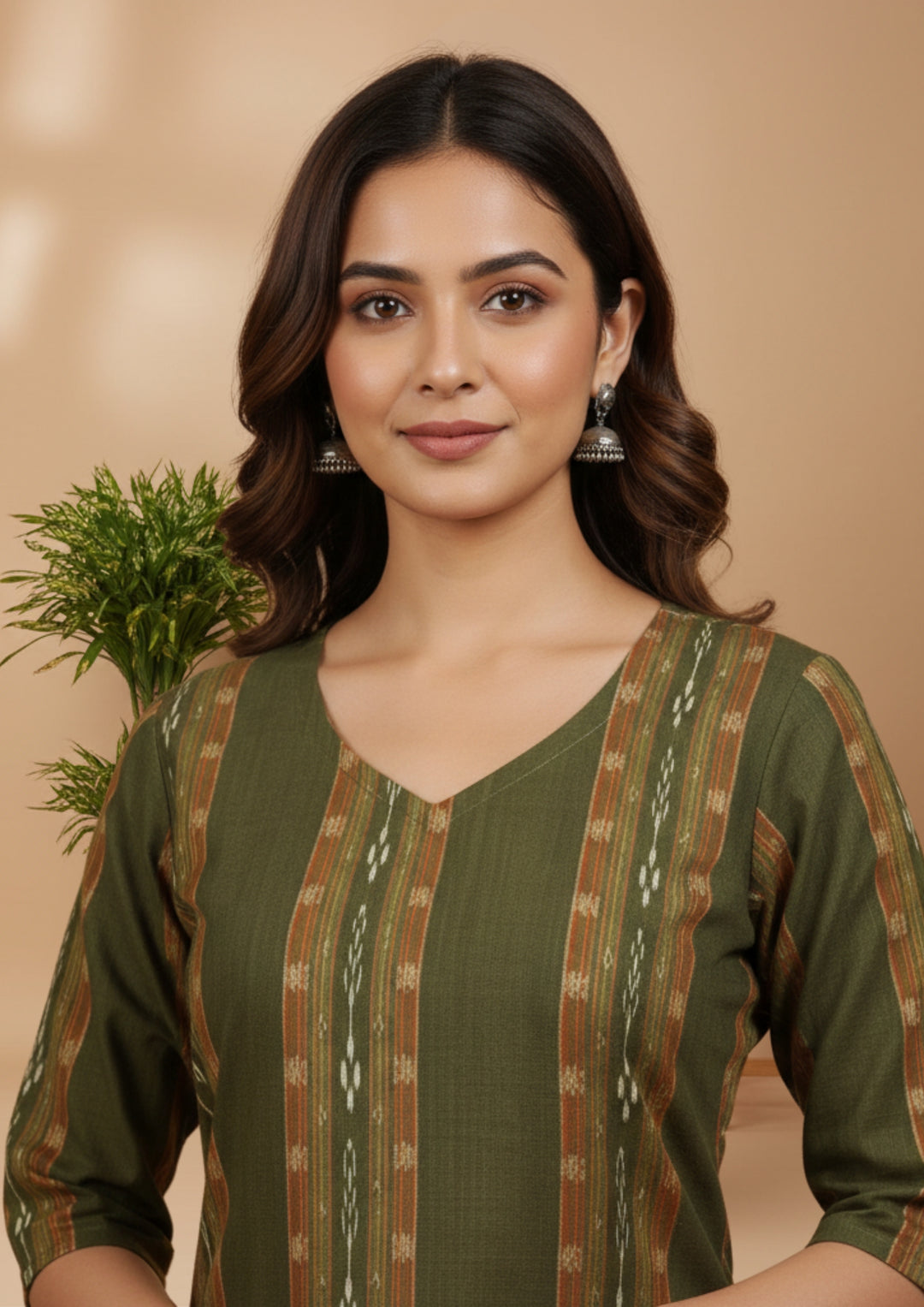 Sambalpuri Women's Kurti - Olive Green Ikkat Stripe Heritage Kurti