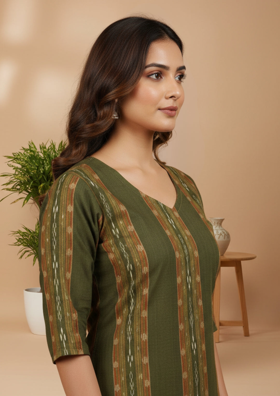 Sambalpuri Women's Kurti - Olive Green Ikkat Stripe Heritage Kurti