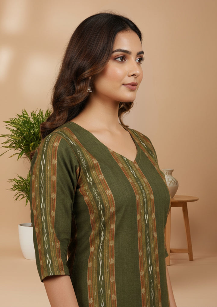 Sambalpuri Women's Kurti - Olive Green Ikkat Stripe Heritage Kurti