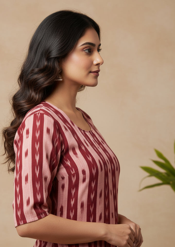 Sambalpuri Women's Kurti - Blush Pink Stripe Heritage Design ikkat Kurti