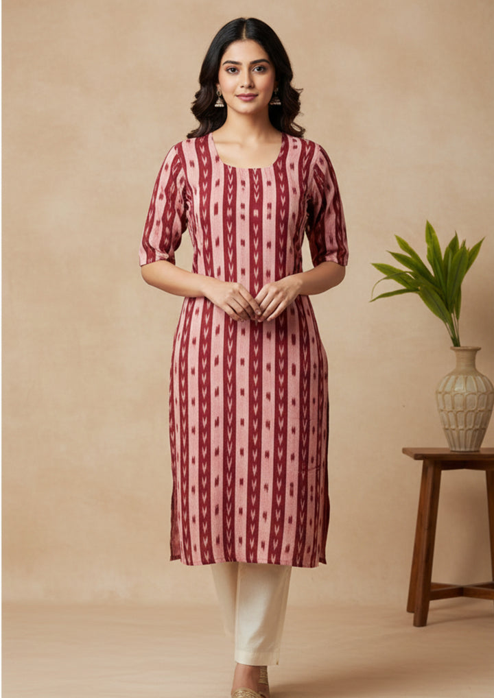 Sambalpuri Women's Kurti - Blush Pink Stripe Heritage Design ikkat Kurti