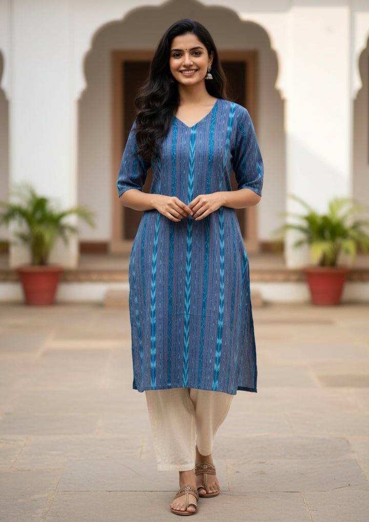 Sambalpuri Women's Kurti -  Royal Blue Stripe Heritage Design Ikkat Kurti