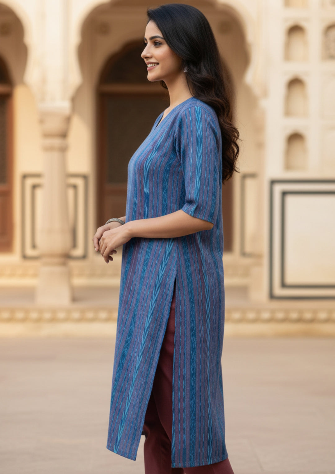 Sambalpuri Women's Kurti -  Royal Blue Stripe Heritage Design Ikkat Kurti