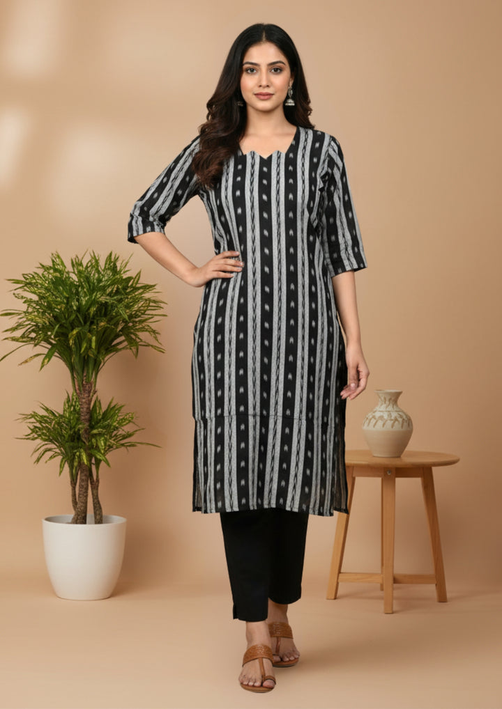 Sambalpuri Women's Kurti - Black Striped Heritage Design ikkat Kurti