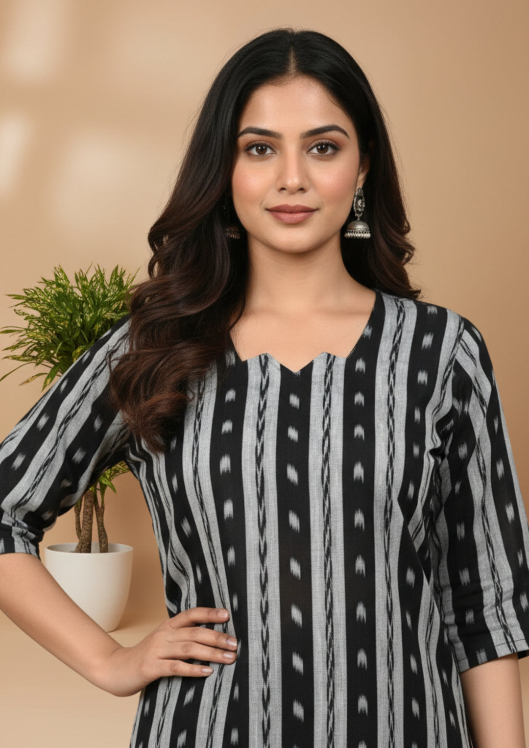 Sambalpuri Women's Kurti - Black Striped Heritage Design ikkat Kurti