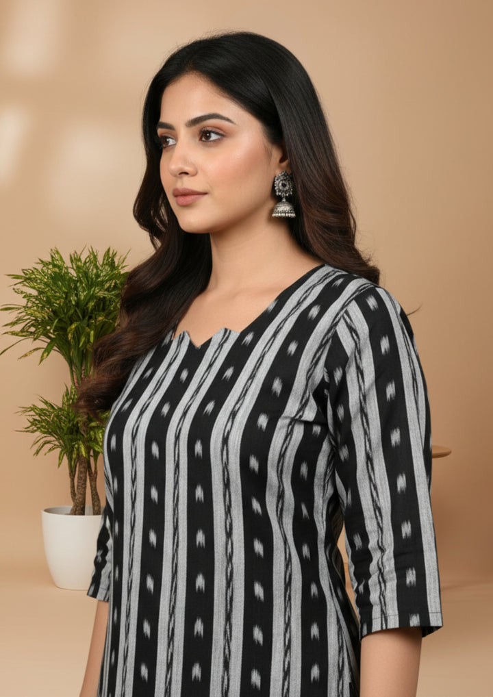 Sambalpuri Women's Kurti - Black Striped Heritage Design ikkat Kurti