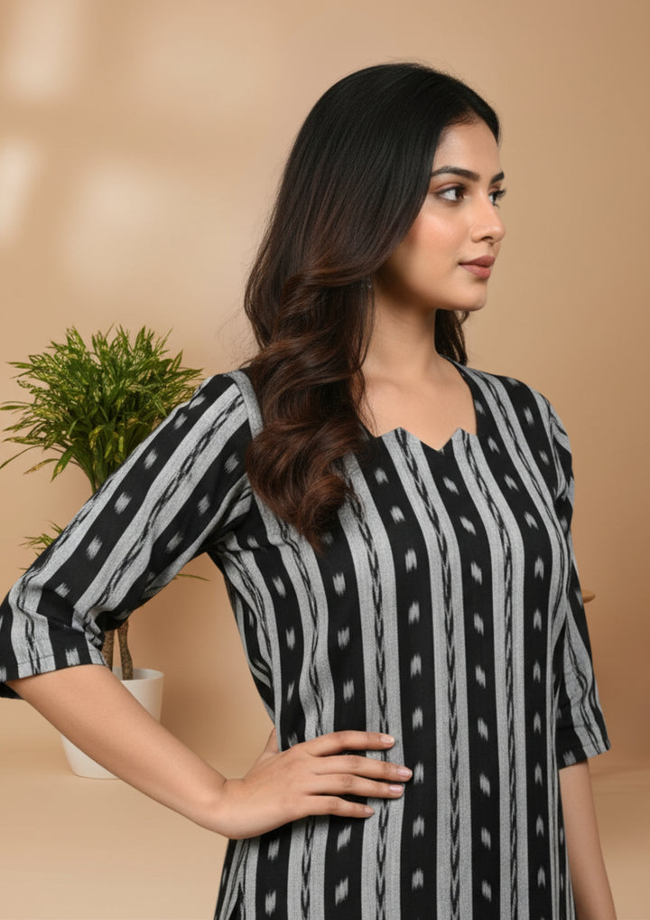 Sambalpuri Women's Kurti - Black Striped Heritage Design ikkat Kurti