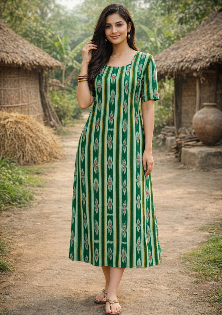 Sambalpuri Women's Kurti - Emerald Green Heritage Design Ikkat Kurti