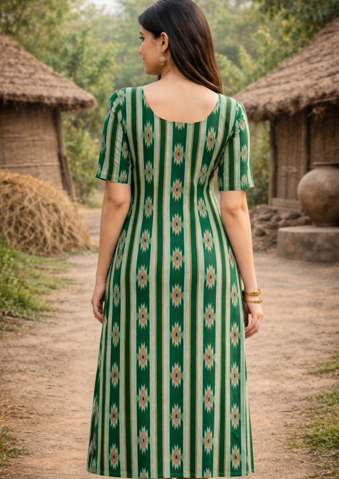 Sambalpuri Women's Kurti - Emerald Green Heritage Design Ikkat Kurti