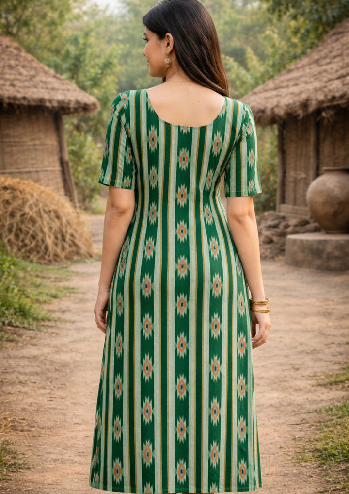 Sambalpuri Women's Kurti - Emerald Green Heritage Design Ikkat Kurti