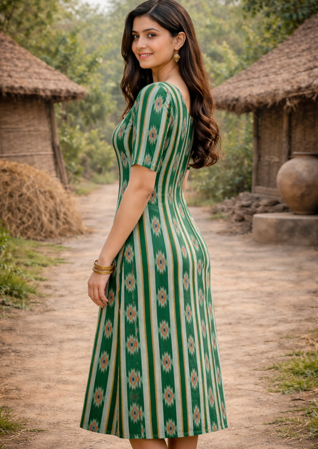 Sambalpuri Women's Kurti - Emerald Green Heritage Design Ikkat Kurti
