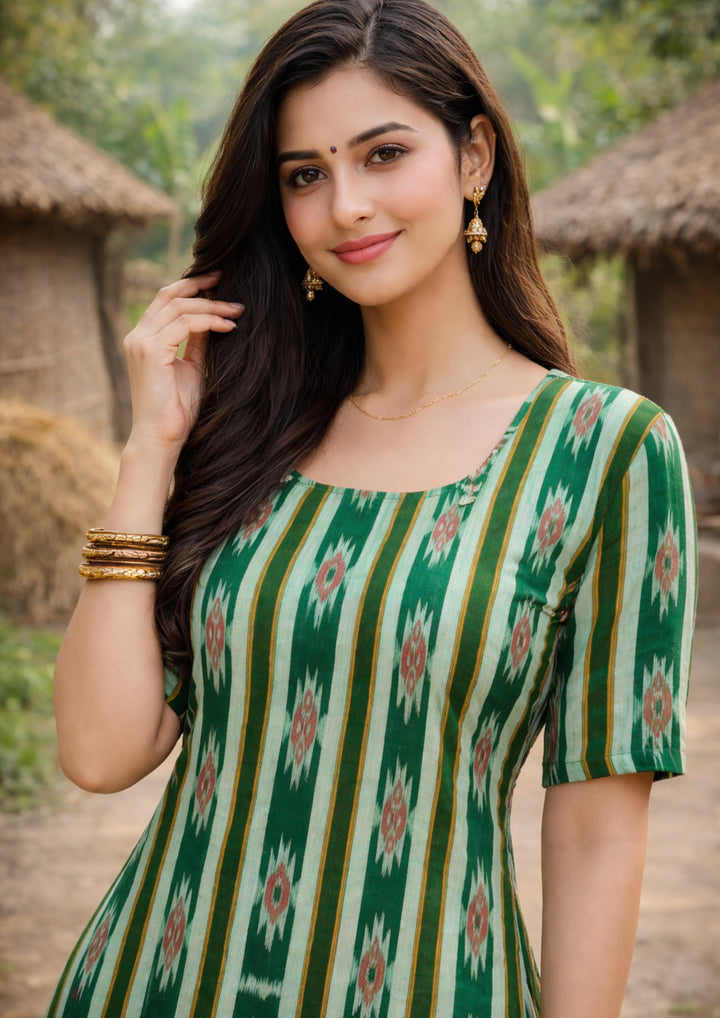 Sambalpuri Women's Kurti - Emerald Green Heritage Design Ikkat Kurti