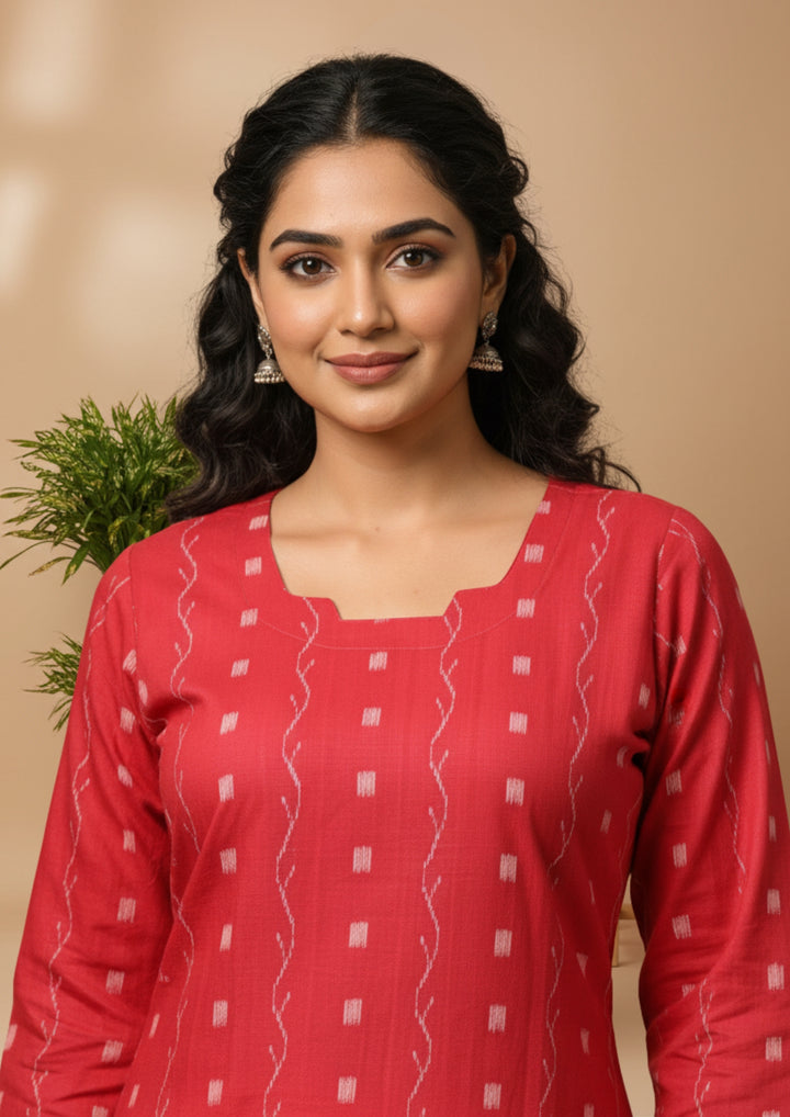 Sambalpuri Women's Kurti -  Vermilion (Rust Orange) Classic Design Ikkat Kurti