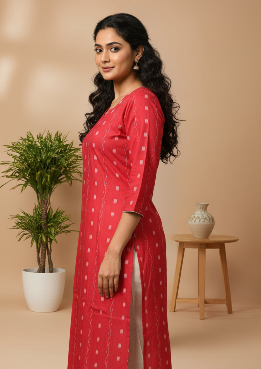 Sambalpuri Women's Kurti -  Vermilion (Rust Orange) Classic Design Ikkat Kurti