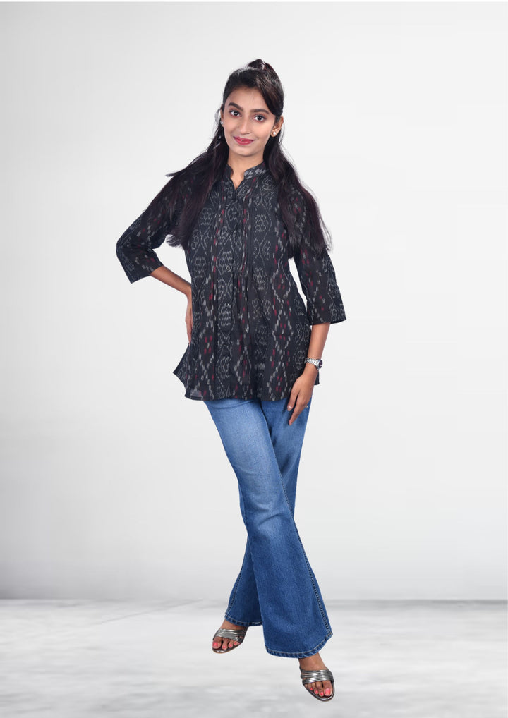 Sambalpuri Handloom Curly Design Tunic Tops in Black