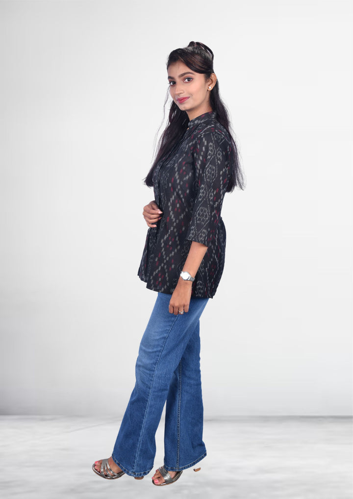 Sambalpuri Handloom Curly Design Tunic Tops in Black