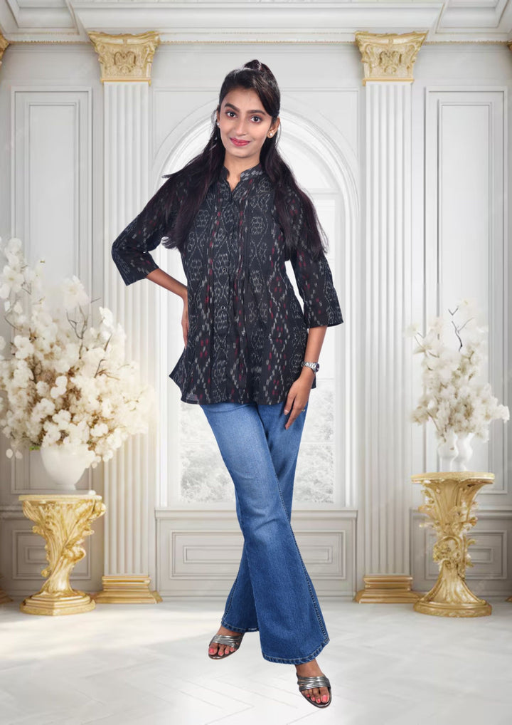 Sambalpuri Handloom Curly Design Tunic Tops in Black