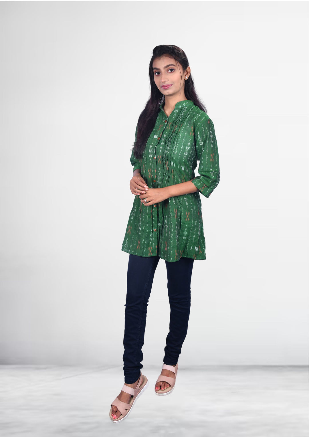 Sambalpuri Handloom Curly Design Cotton Tunic Top in Green