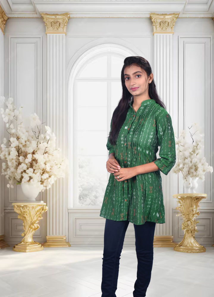 Sambalpuri Handloom Curly Design Cotton Tunic Top in Green