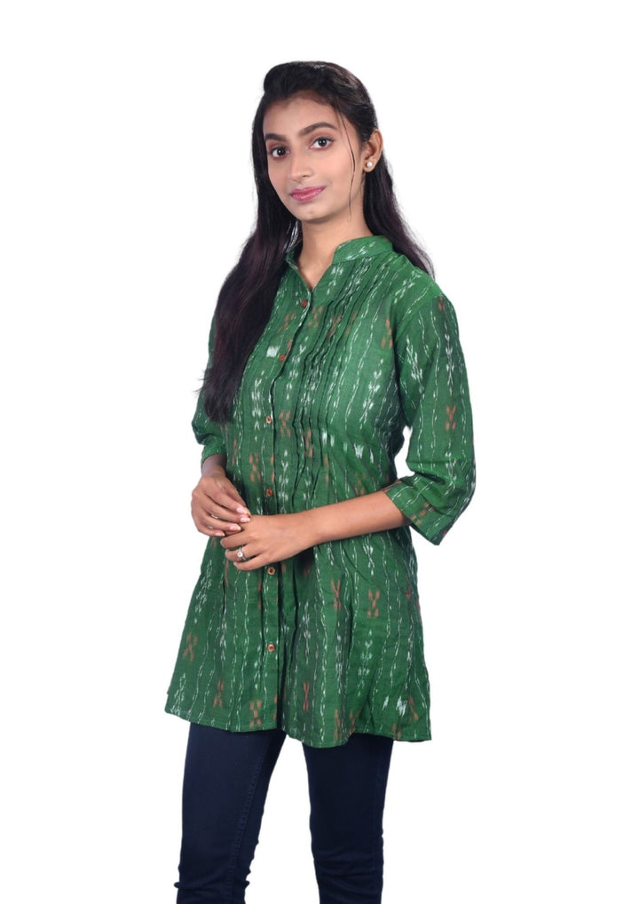 Sambalpuri Handloom Curly Design Cotton Tunic Top in Green
