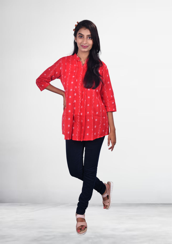 Sambalpuri Handloom Curly Design Tunic Top in Red