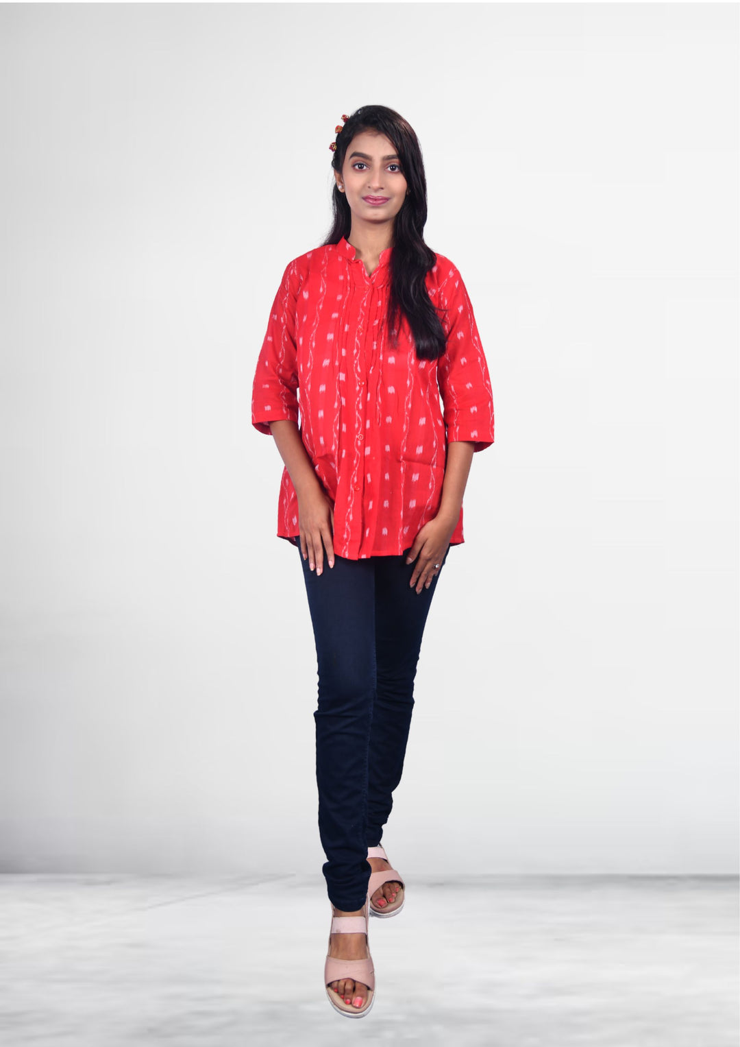 Sambalpuri Handloom Curly Design Tunic Top in Red