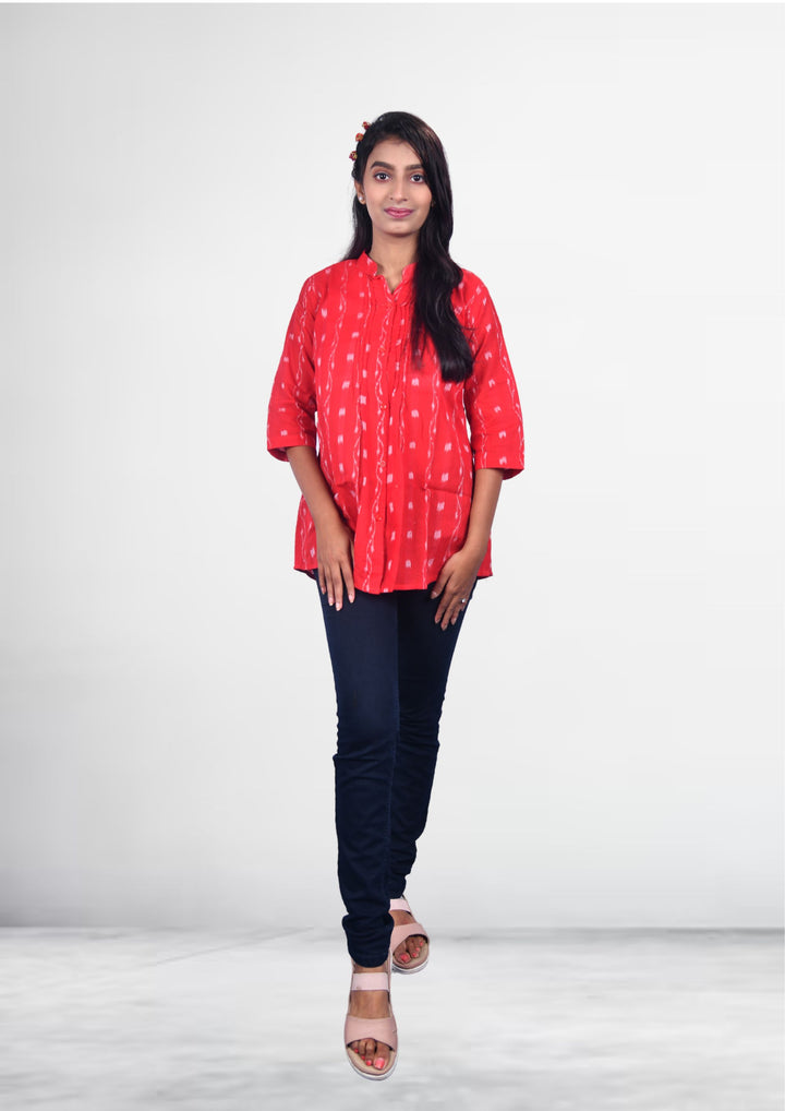 Sambalpuri Handloom Curly Design Tunic Top in Red
