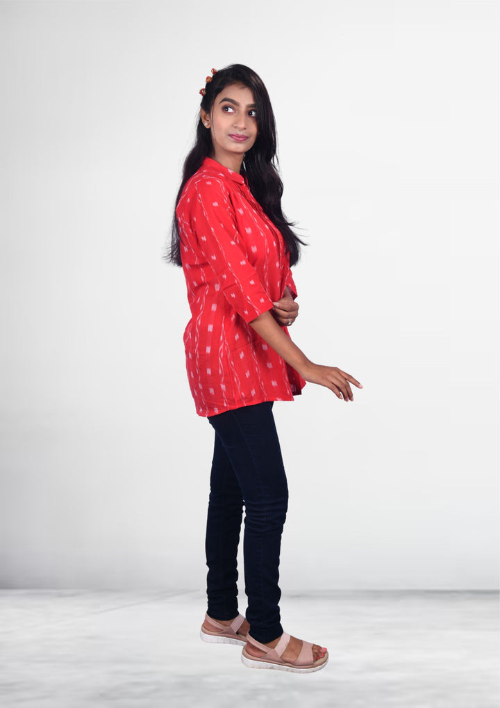 Sambalpuri Handloom Curly Design Tunic Top in Red