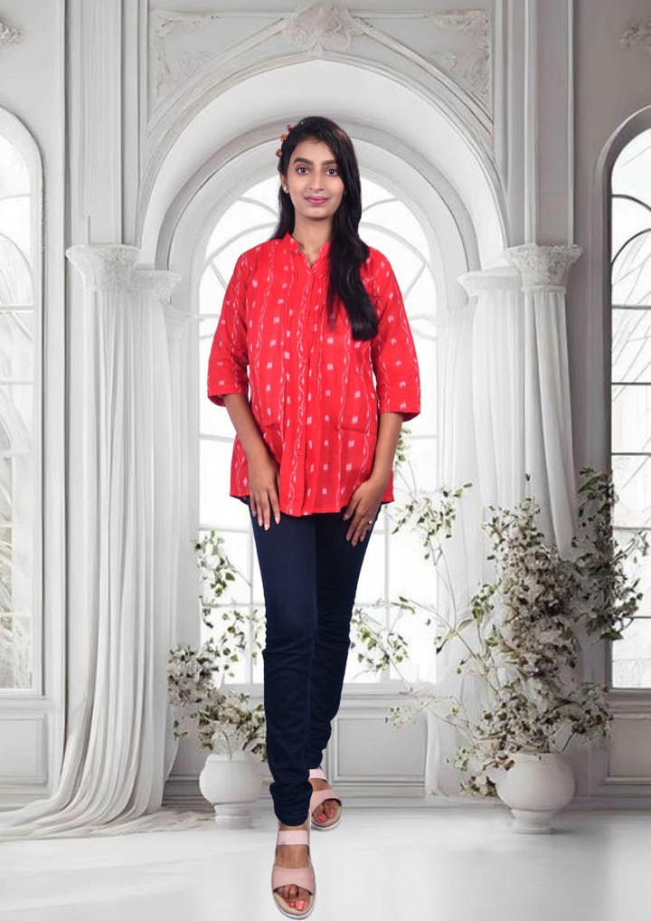 Sambalpuri Handloom Curly Design Tunic Top in Red