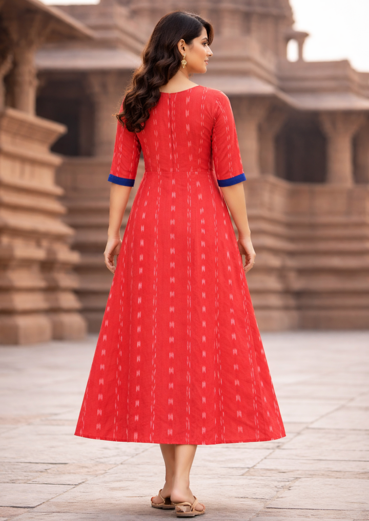 Sambalpuri Utkal Laxmi Heritage Gown – Blue Red Flower design Ikat Gown with Red side cloth Edition