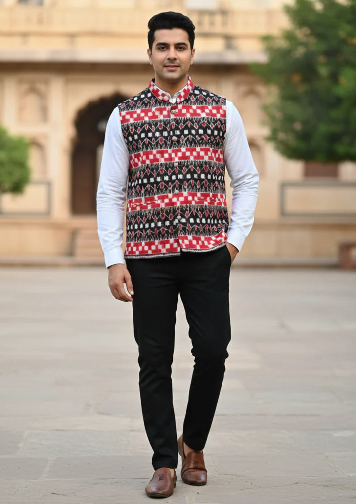 Sambalpuri Ikat Nehru Jacket - Black & Red Heritage Edition