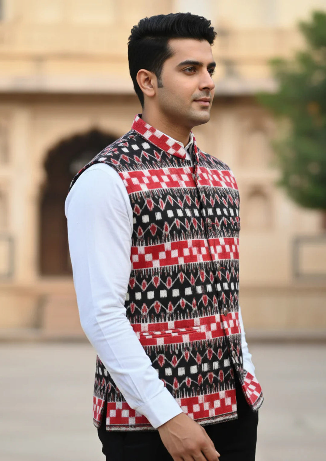 Sambalpuri Ikat Nehru Jacket - Black & Red Heritage Edition