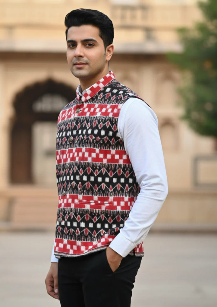 Sambalpuri Ikat Nehru Jacket - Black & Red Heritage Edition