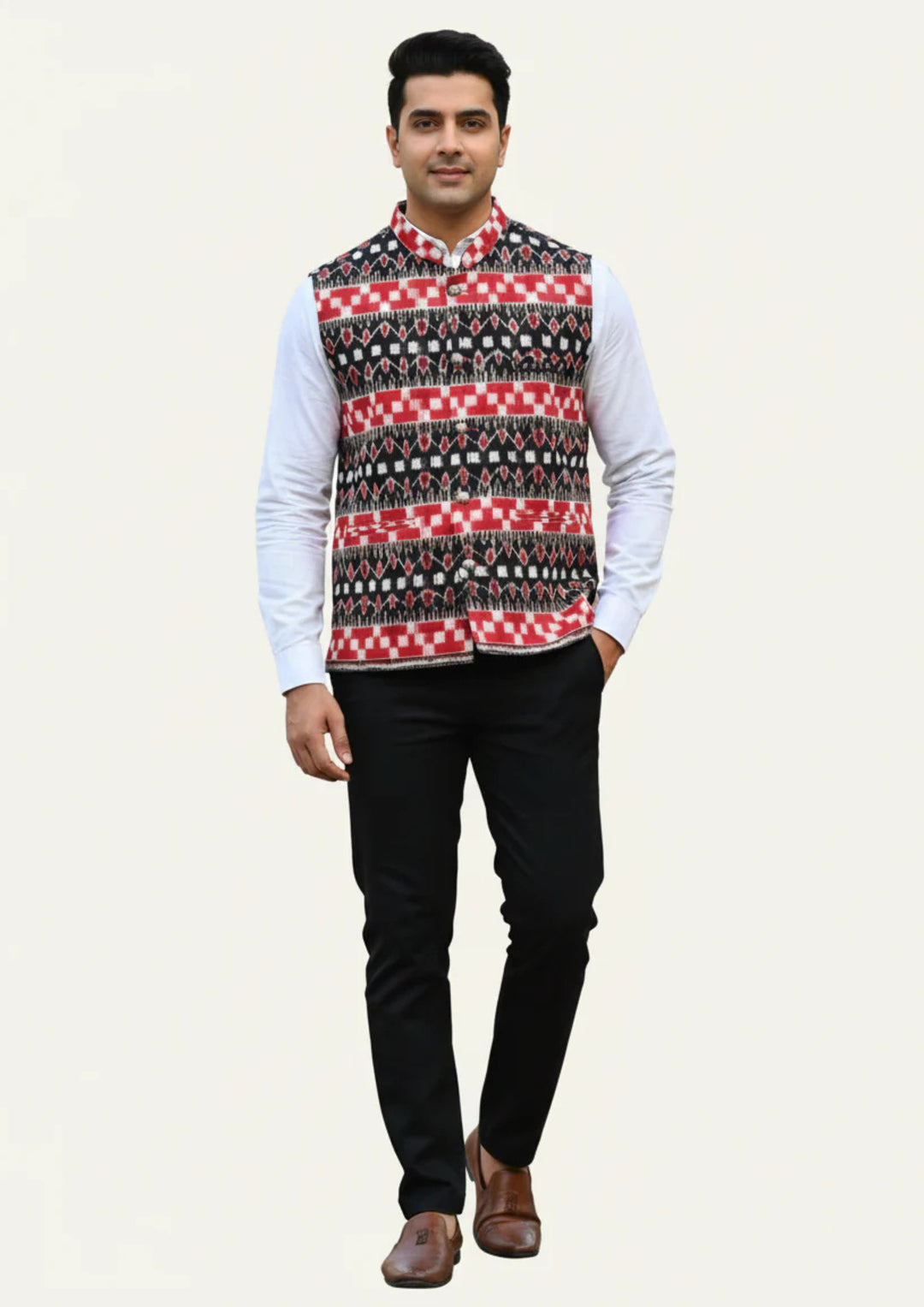 Sambalpuri Ikat Nehru Jacket - Black & Red Heritage Edition