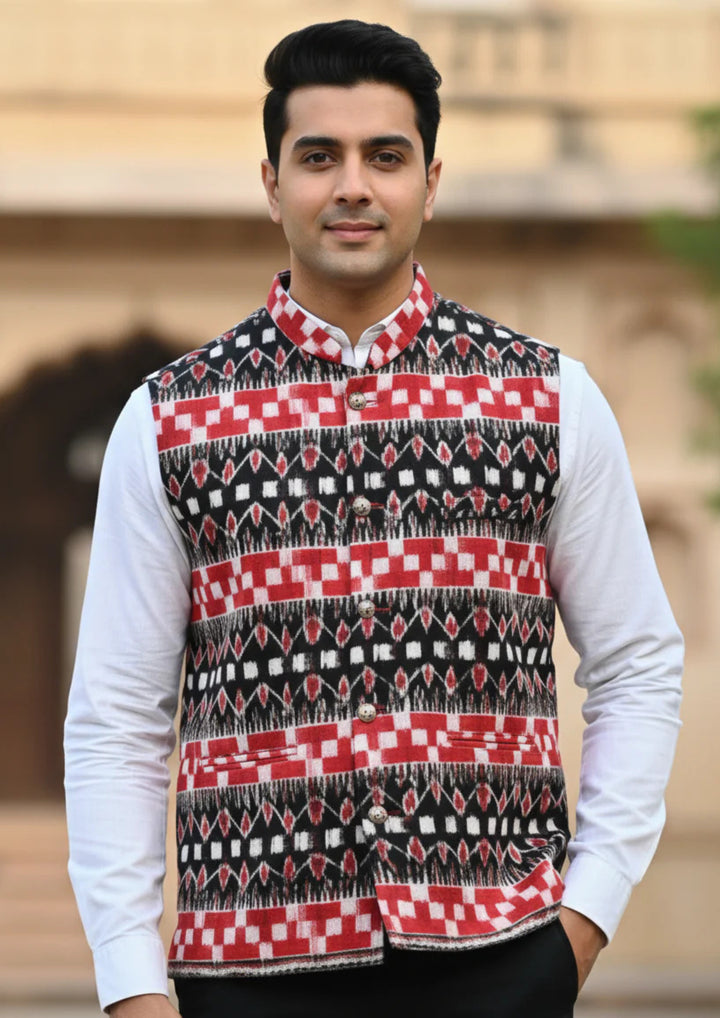 Sambalpuri Ikat Nehru Jacket - Black & Red Heritage Edition