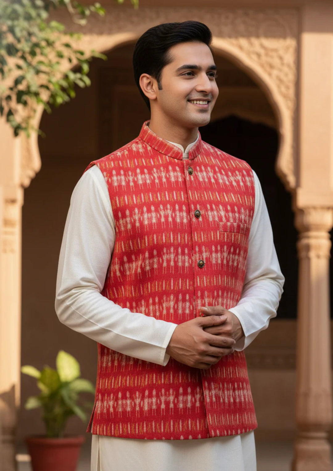 Sambalpuri Ikat Nehru Jacket - Red Heritage Edition