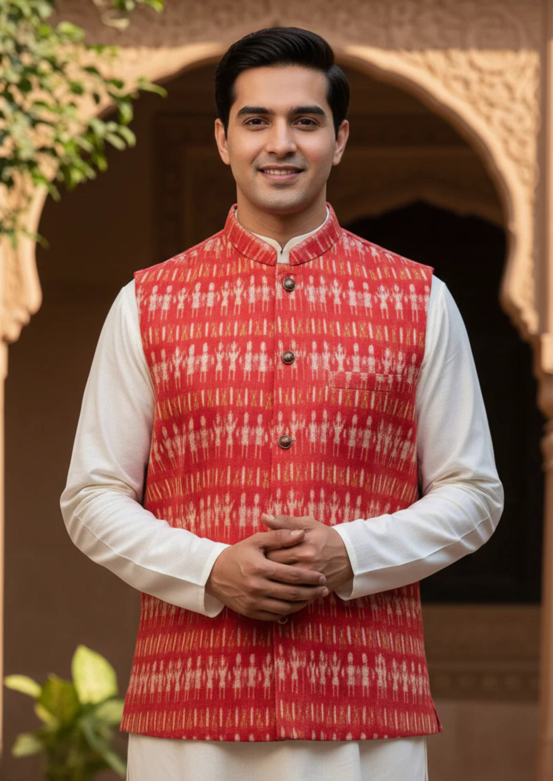 Sambalpuri Ikat Nehru Jacket - Red Heritage Edition
