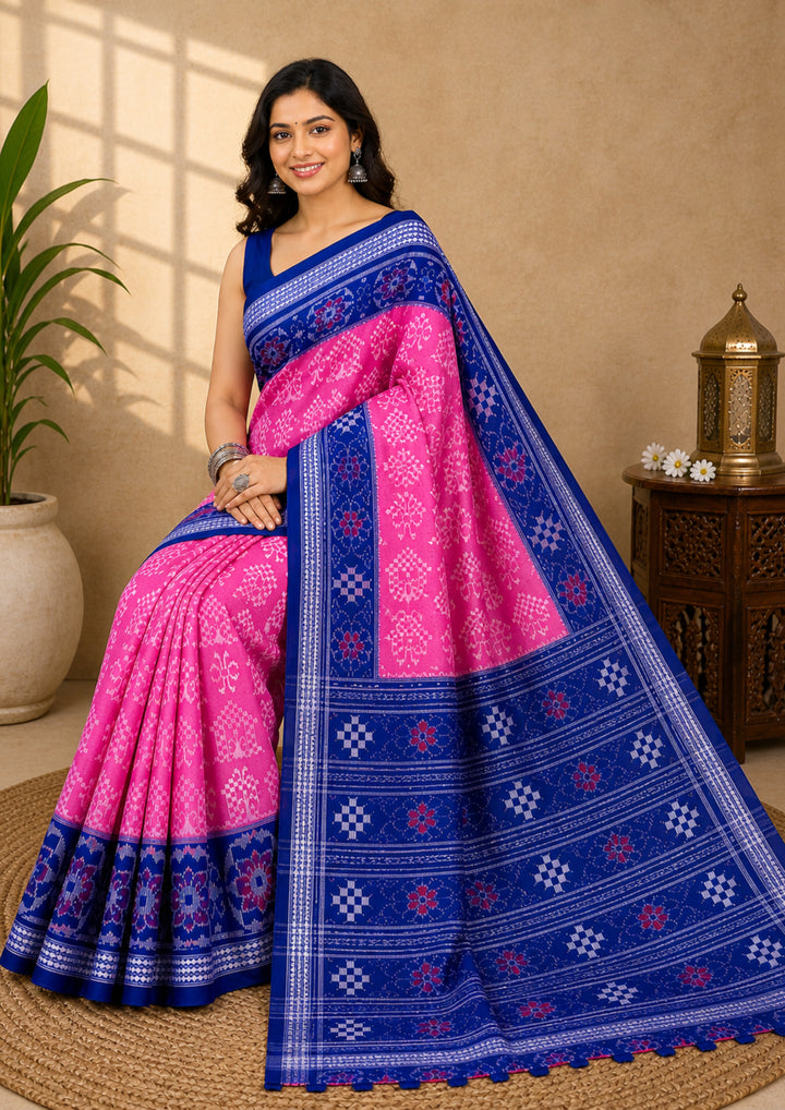 Handwoven Rani Pink Sambalpuri Ikat Saree with Royal Blue Borders