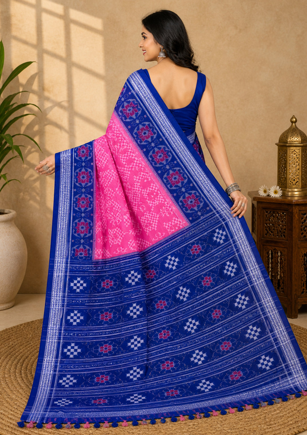 Handwoven Rani Pink Sambalpuri Ikat Saree with Royal Blue Borders
