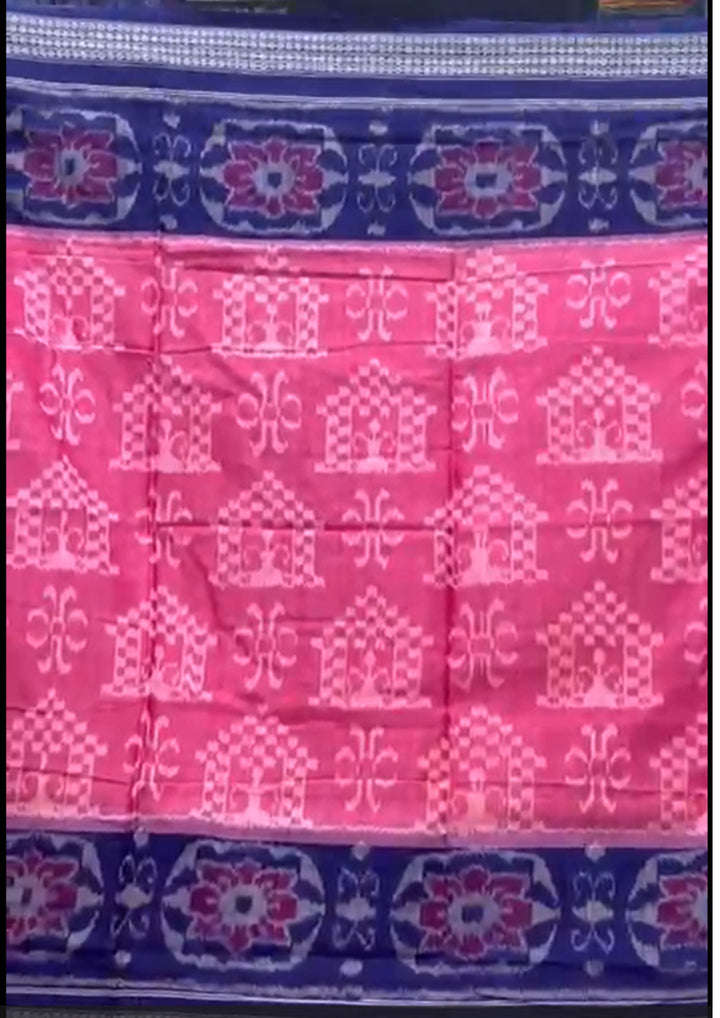 Handwoven Rani Pink Sambalpuri Ikat Saree with Royal Blue Borders