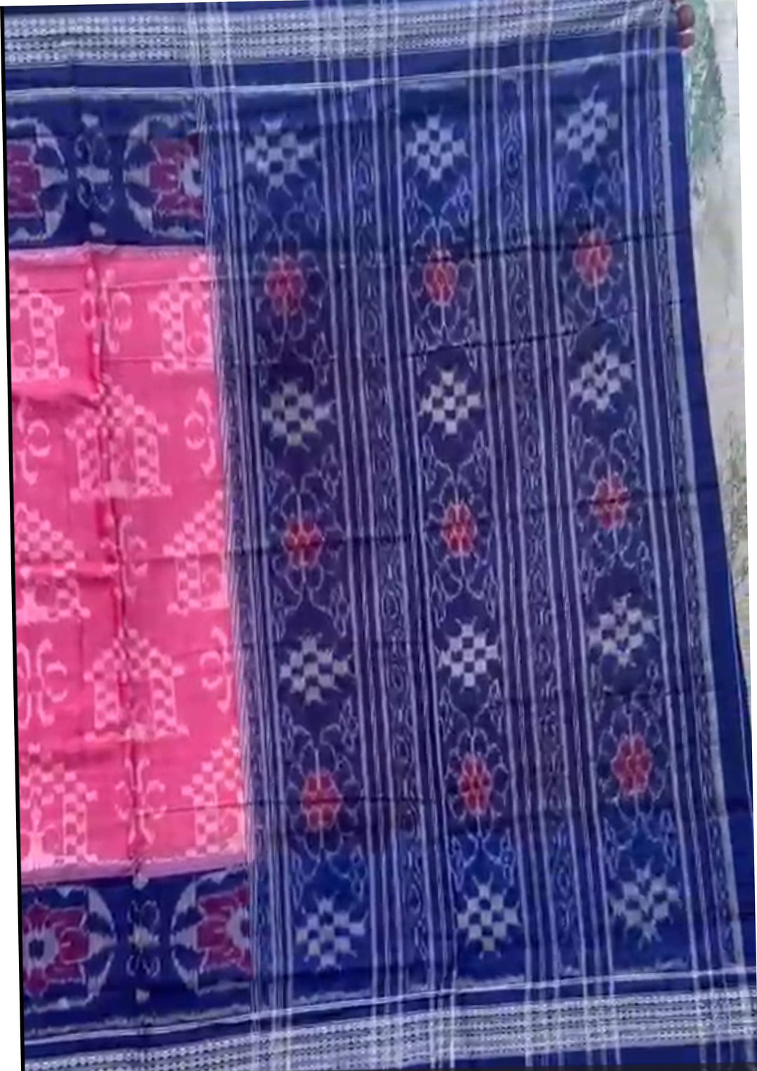 Handwoven Rani Pink Sambalpuri Ikat Saree with Royal Blue Borders