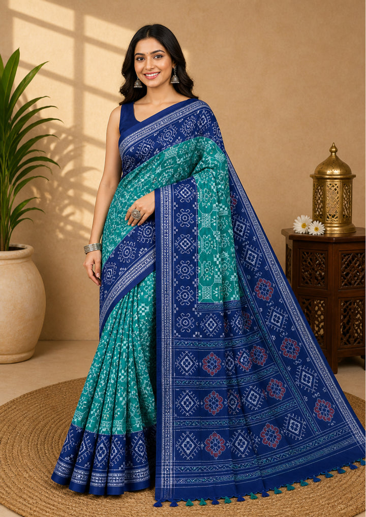 Handwoven Teal Green Sambalpuri Ikat Saree with Royal Blue Borders