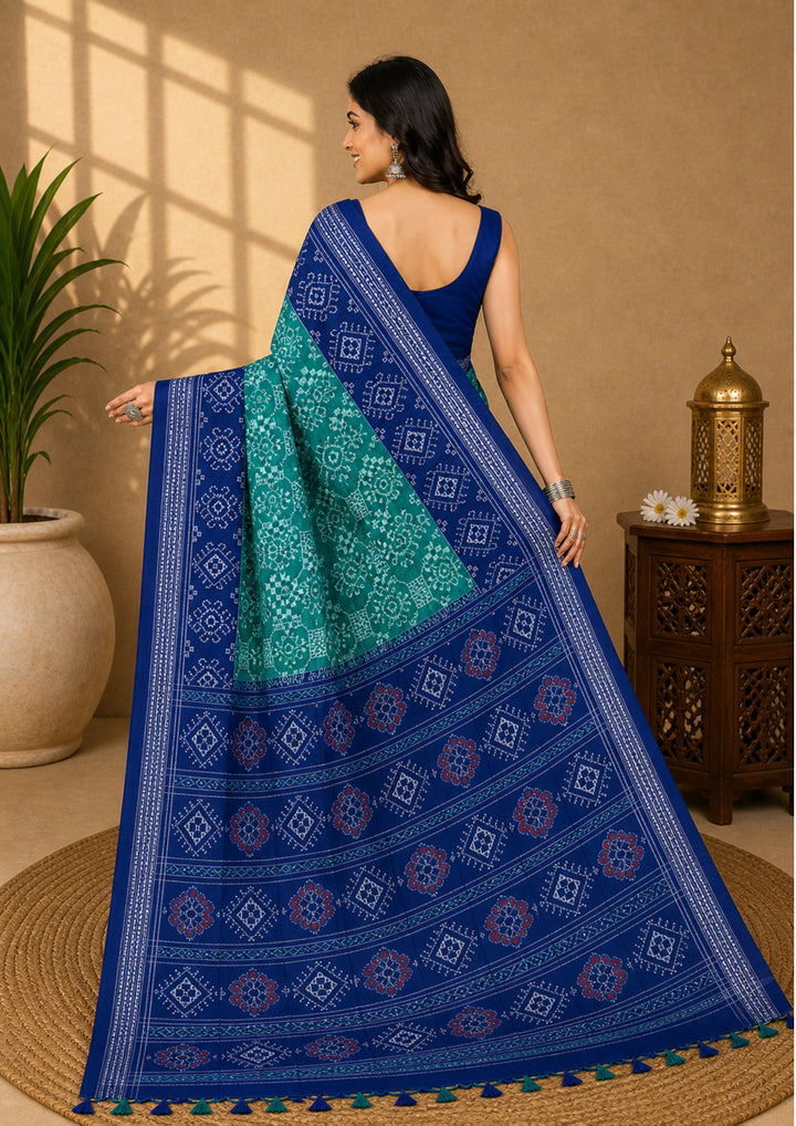 Handwoven Teal Green Sambalpuri Ikat Saree with Royal Blue Borders