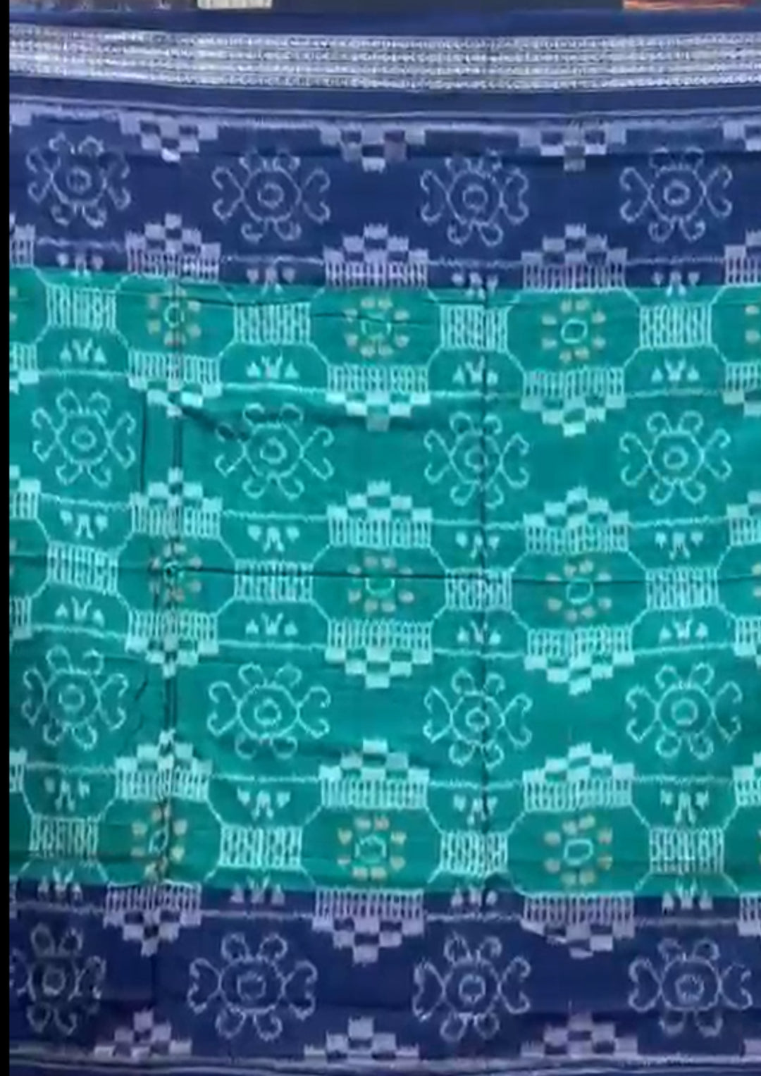 Handwoven Teal Green Sambalpuri Ikat Saree with Royal Blue Borders