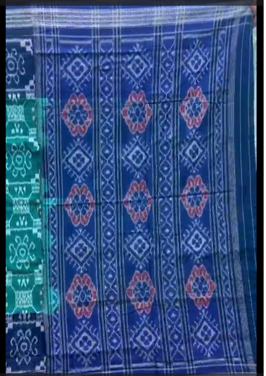 Handwoven Teal Green Sambalpuri Ikat Saree with Royal Blue Borders